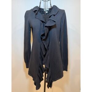Black Ruffle Front Cardigan Long Sleeve Open Front Knit Sweater Handkerchief Hem